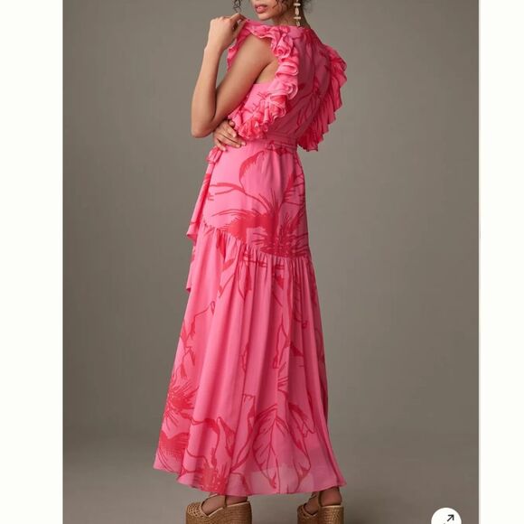 Anthropologie Hutch Beck Ruffled V-Neck Wrap Midi Dress floral pink size XL - Picture 2 of 12